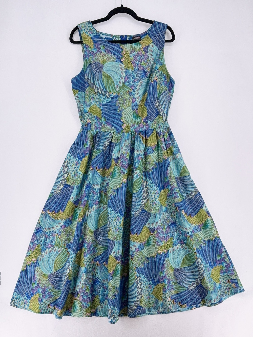 Modcloth x Retrolicious Midi Dress Blue Peacock Print Cotton Classic size xl